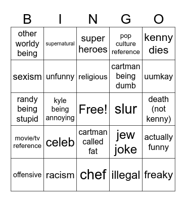 south park Bingo Card