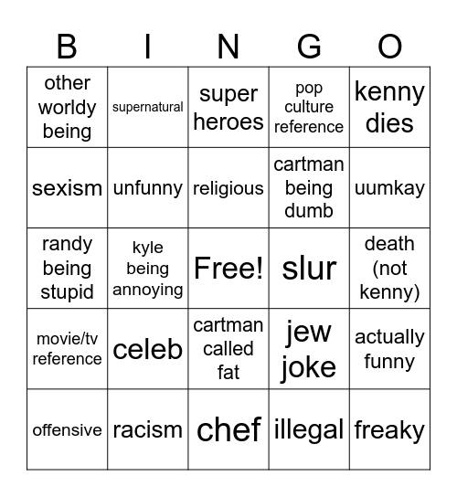 south park Bingo Card