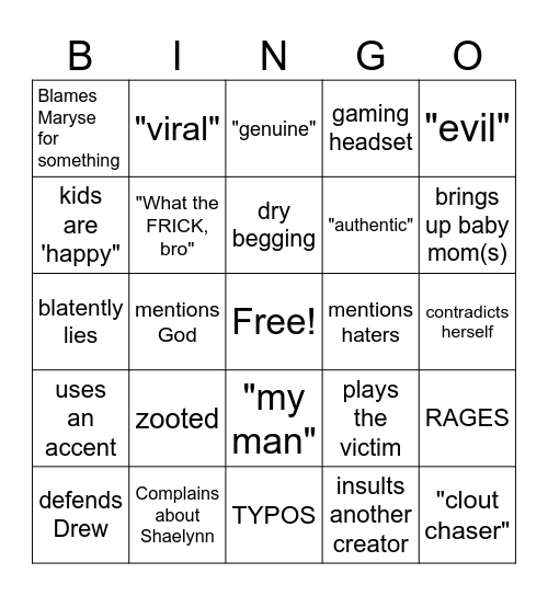 Rancid Jenkins Bingo Card