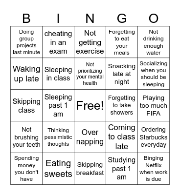 BAD HABITS BINGO Card