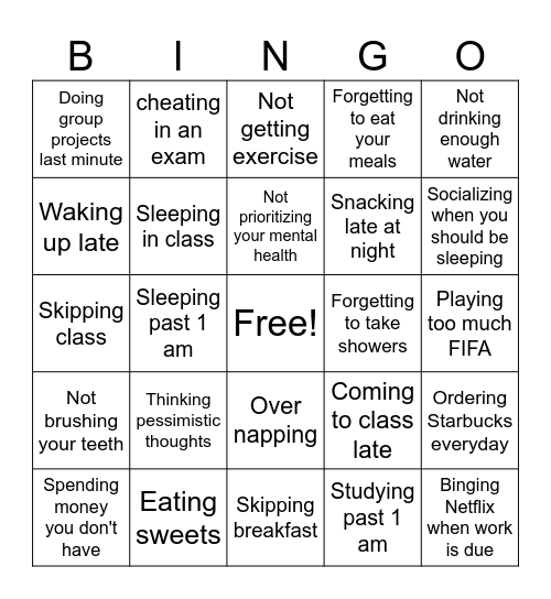 BAD HABITS BINGO Card