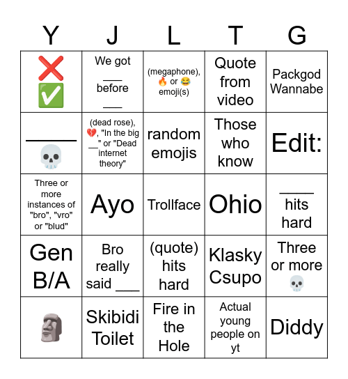 YT Shorts Comments Bingo Card