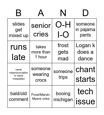Band Awards Bingo Card