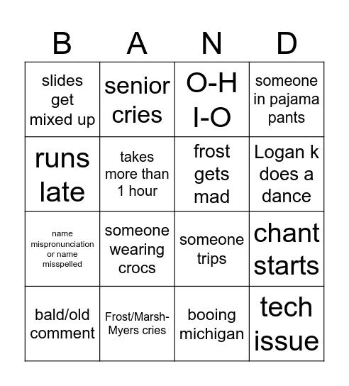 Band Awards Bingo Card