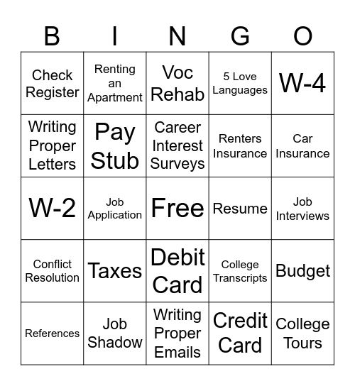 Transition Bingo Card