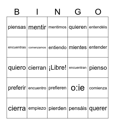 O to IE Stem-Changing Verbs Bingo Card