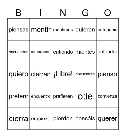 O to IE Stem-Changing Verbs Bingo Card