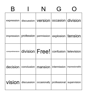Suffixes (-sion) Bingo Card
