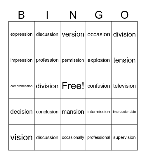 Suffixes (-sion) Bingo Card