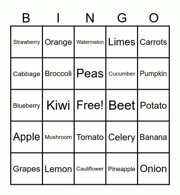 Fruit And Vegetable Bingo Card