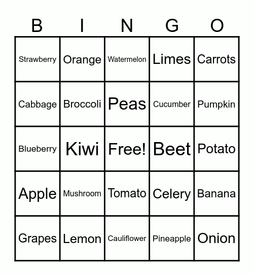 Fruit And Vegetable Bingo Card
