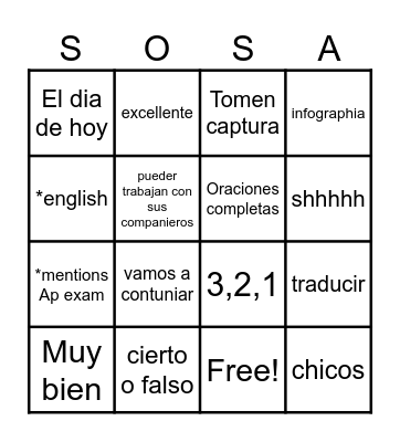 Spanish bingo Card