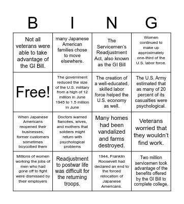 The Challenges of Peacetime Bingo Card