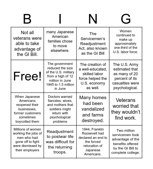 The Challenges of Peacetime Bingo Card