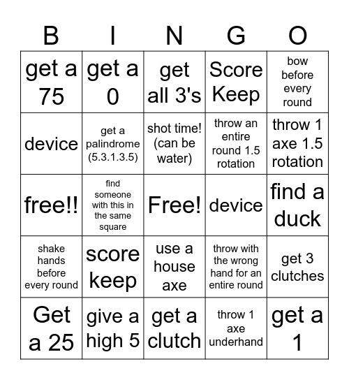 AXE BINGO Card