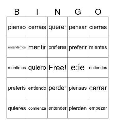 E to IE Stem-Changing Verbs Bingo Card