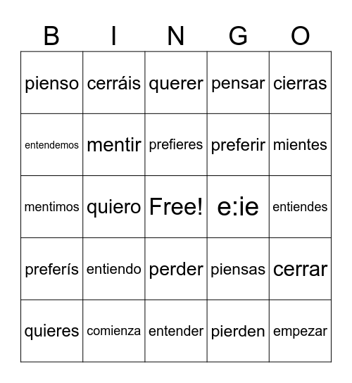 E to IE Stem-Changing Verbs Bingo Card