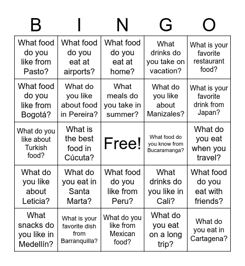 LA2 | PINT1 | Travel Questions Bingo Card