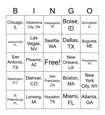 United States Latitude & Longitude Bingo Card