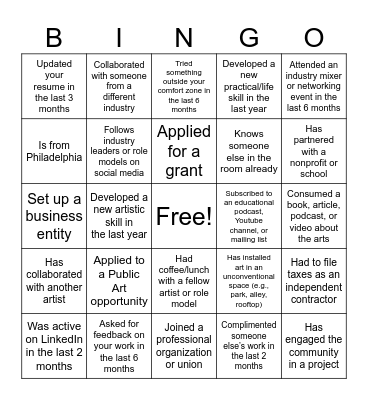 Professional Development for Artists Bingo Card