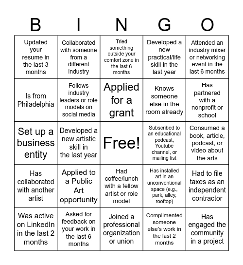 Professional Development for Artists Bingo Card