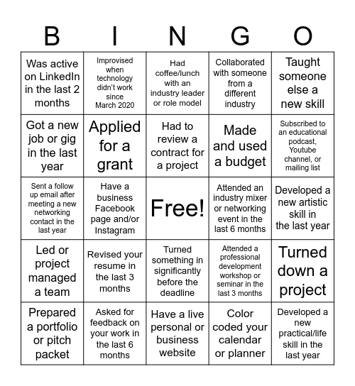 Professional Development for Artists Bingo Card