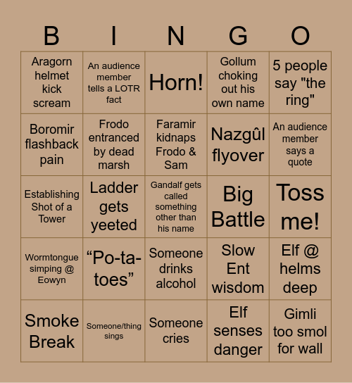 LOTR TWO TOWERS Bingo Card