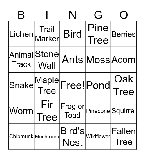 Hiking Scavenger Hunt Bingo Card