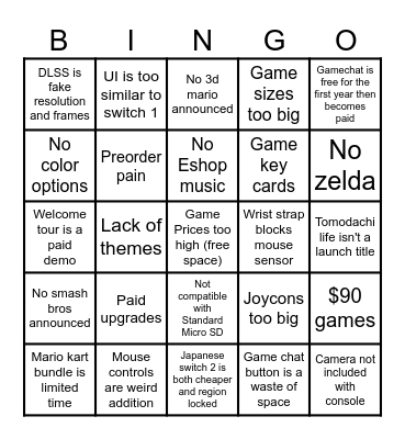Switch 2 Twitter / Reddit Complaints Bingo Card
