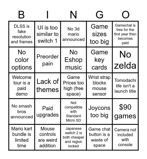 Switch 2 Twitter / Reddit Complaints Bingo Card