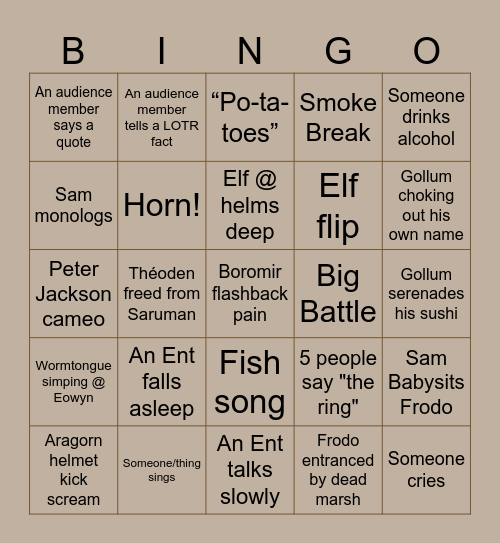 LOTR TWO TOWERS Bingo Card