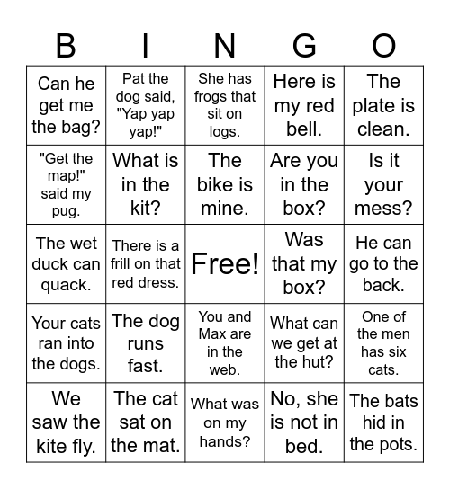Fluency Bingo Card