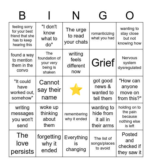 First lost love (no love is lost) Bingo Card