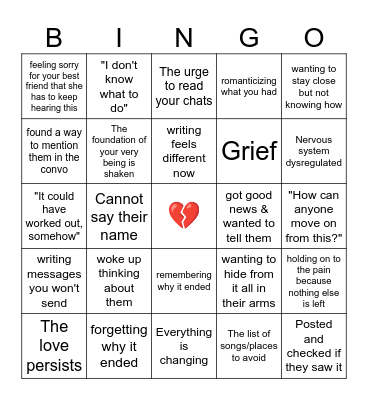 First lost love (no love is lost) Bingo Card