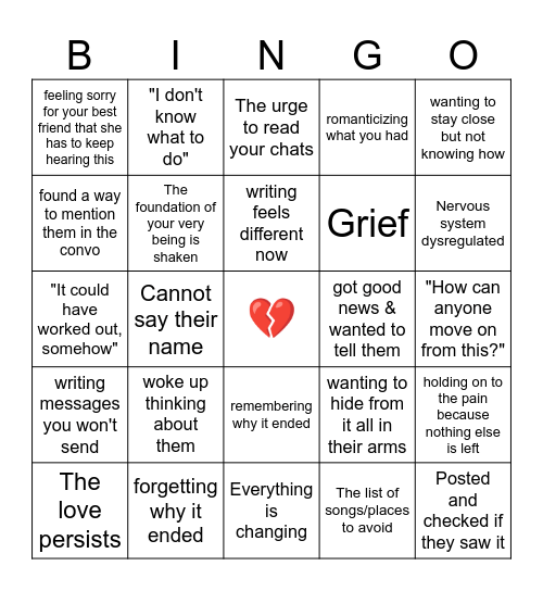 First lost love (no love is lost) Bingo Card