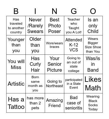 Senior Class Bingo Card