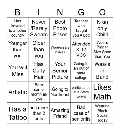 Senior Class Bingo Card