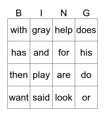 Sight Words Bingo Card