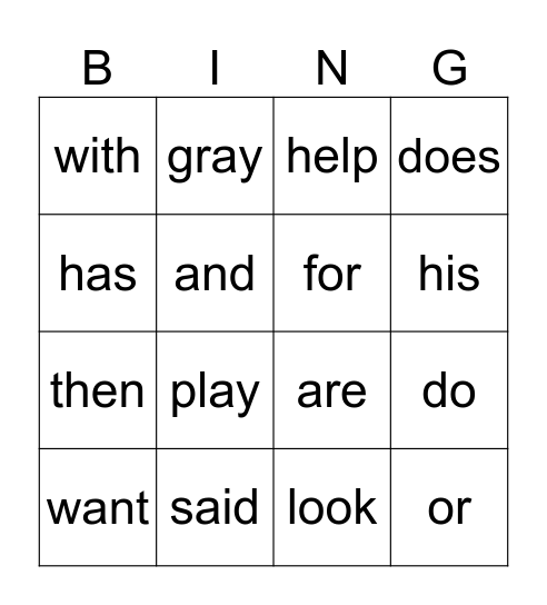 Sight Words Bingo Card