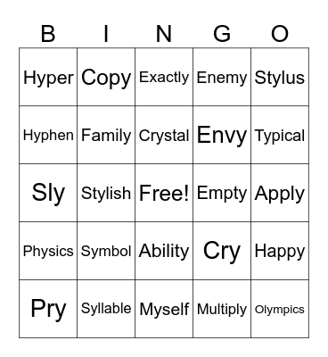 Y as a vowel E, I, & i Bingo Card