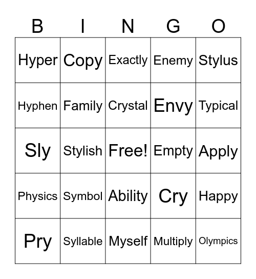 Y as a vowel E, I, & i Bingo Card