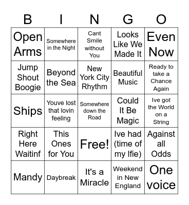 Ultimate Manilow Bingo Card