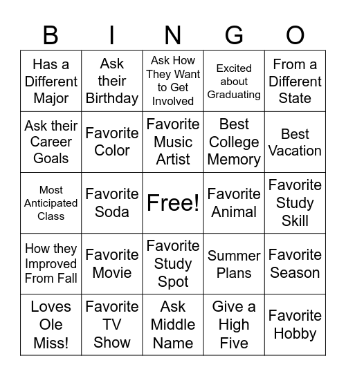 Friendship Bingo Card