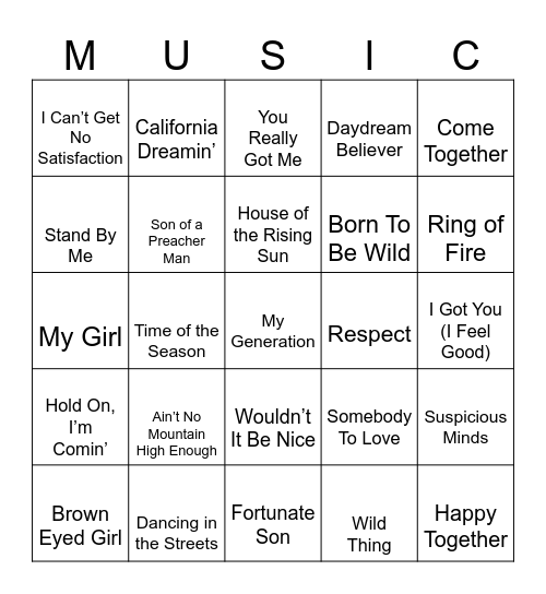 1960s Bingo Card