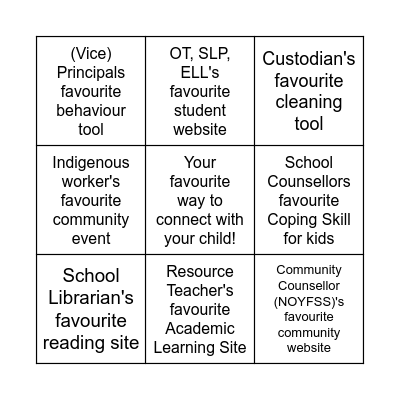 School Support Staff Bingo Card