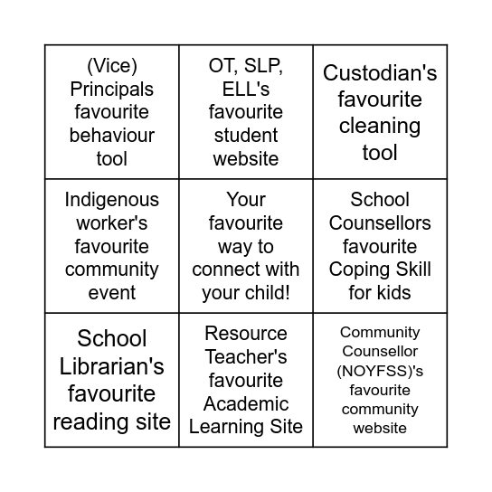 School Support Staff Bingo Card