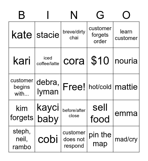 MSC Barista Bingo Card