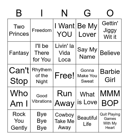 Music Bingo 1990's Bingo Card