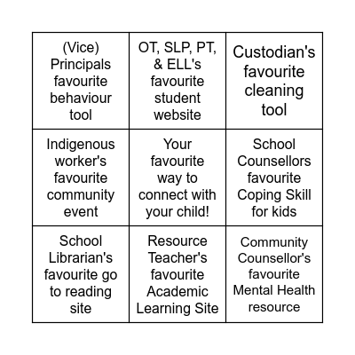 School Support Staff Bingo Card