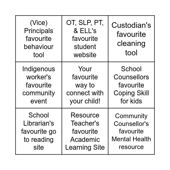 School Support Staff Bingo Card